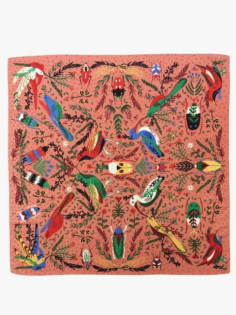 Vibrant Coral Bird & Botanical Print scarf Wrap handkerchief top accessory - Picture 4 of 8